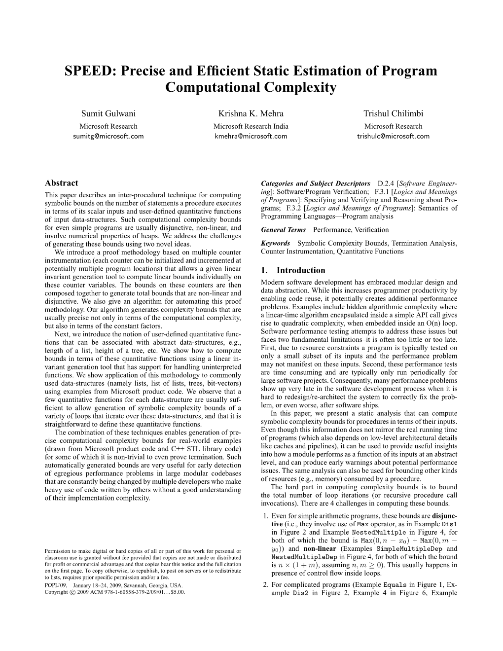 SPEED: Precise and Efﬁcient Static Estimation of Program Computational Complexity