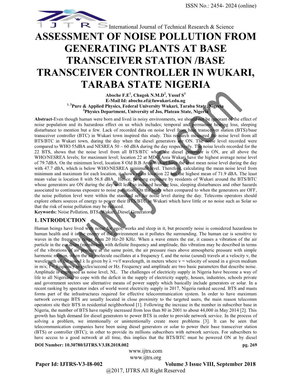 Assessment of Noise Pollution from Generating Plants at Base Transceiver Station /Base Transceiver Controller in Wukari, Taraba State Nigeria