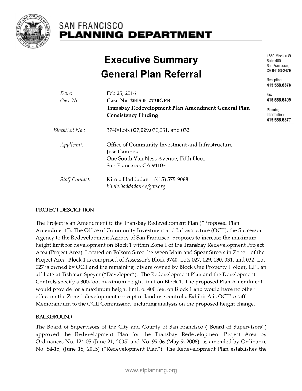 2015-012730GPR Transbay Redevelopment Plan Amendment General Plan Consistency Finding