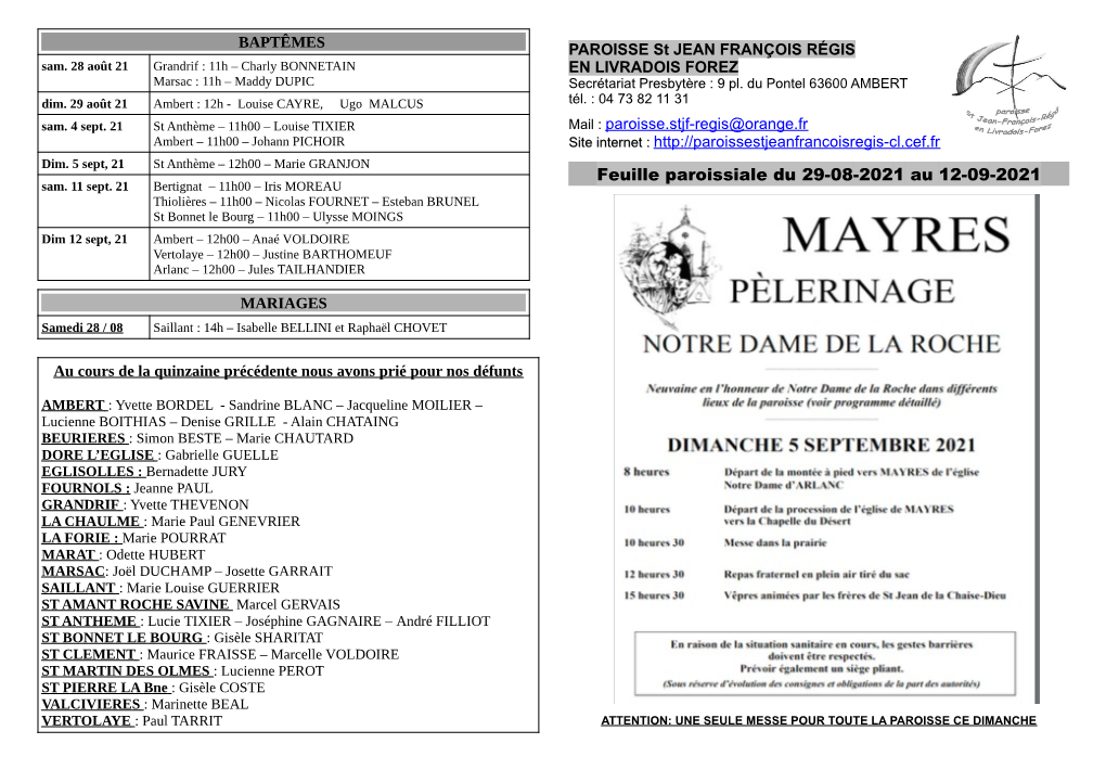 Feuille Paroissiale Du 29-08-2021 Au 12-09-2021 Sam