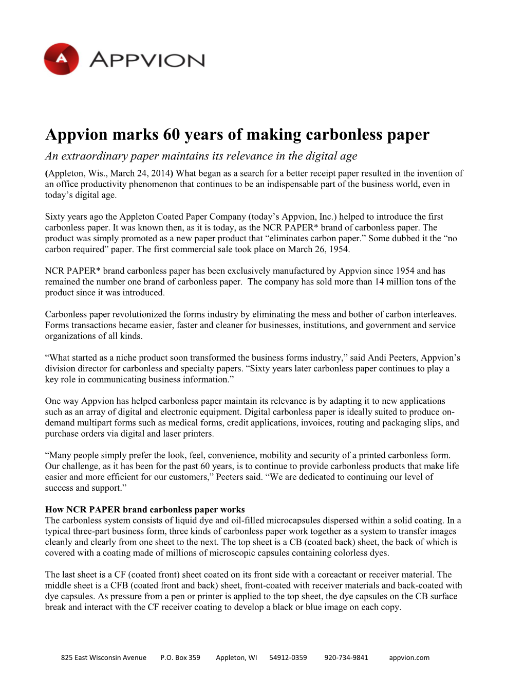 Appvion Marks 60 Years of Making Carbonless Paper