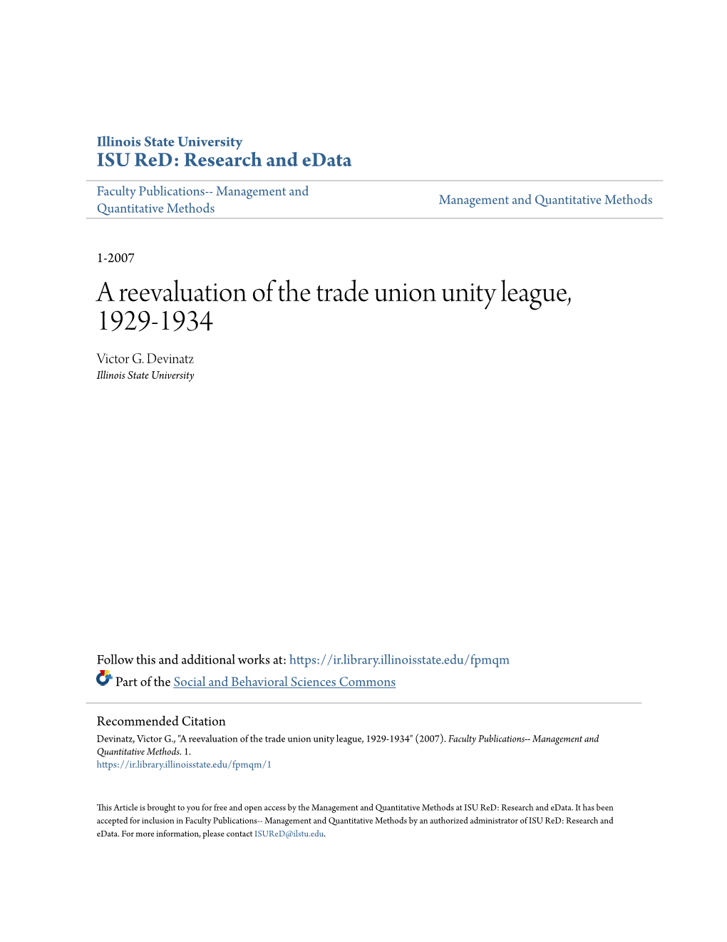 A Reevaluation of the Trade Union Unity League, 1929-1934 Victor G