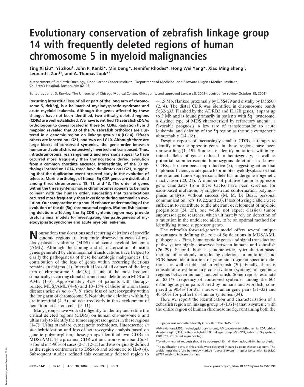 Evolutionary Conservation of Zebrafish Linkage Group 14 with Frequently Deleted Regions of Human Chromosome 5 in Myeloid Malignancies