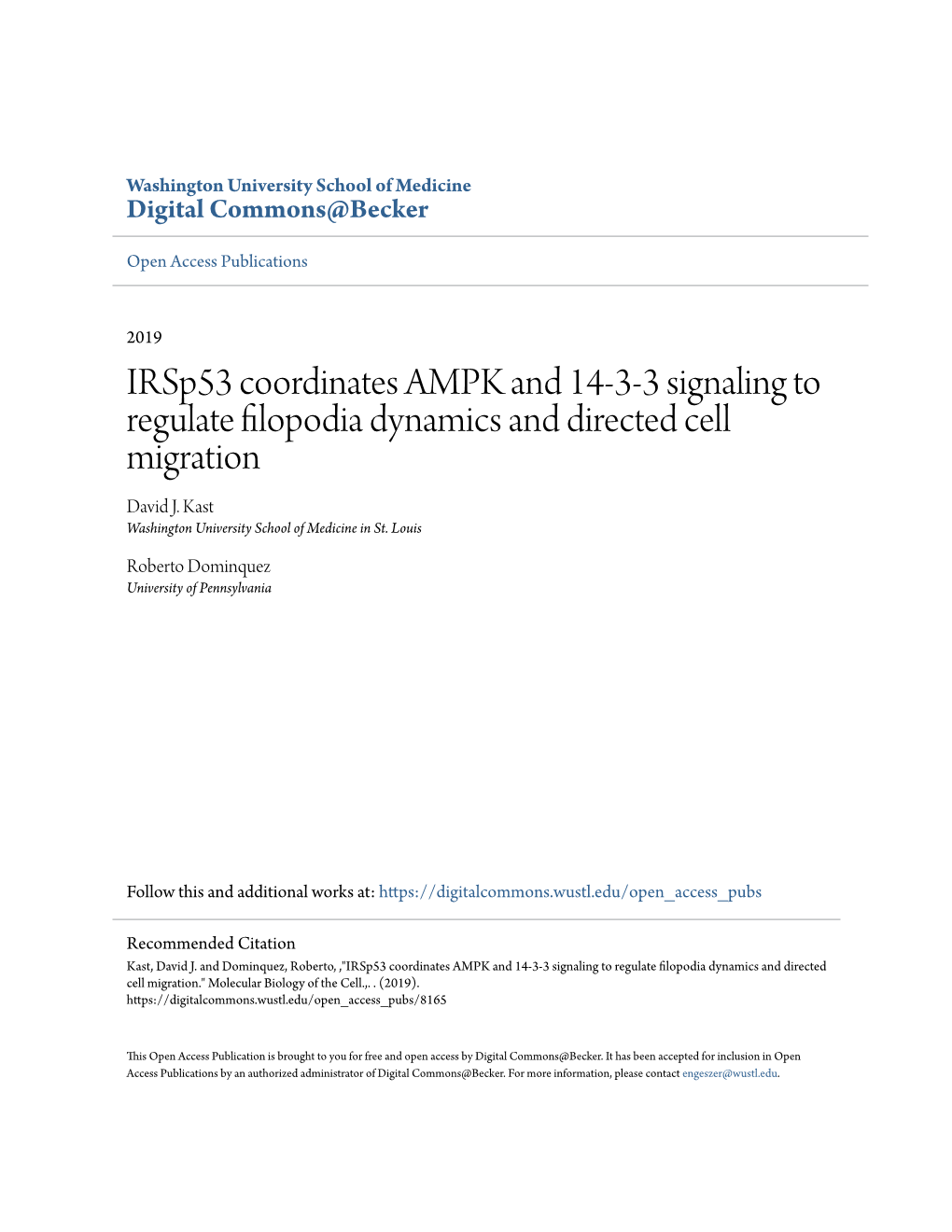 Irsp53 Coordinates AMPK and 14-3-3 Signaling to Regulate Filopodia Dynamics and Directed Cell Migration David J