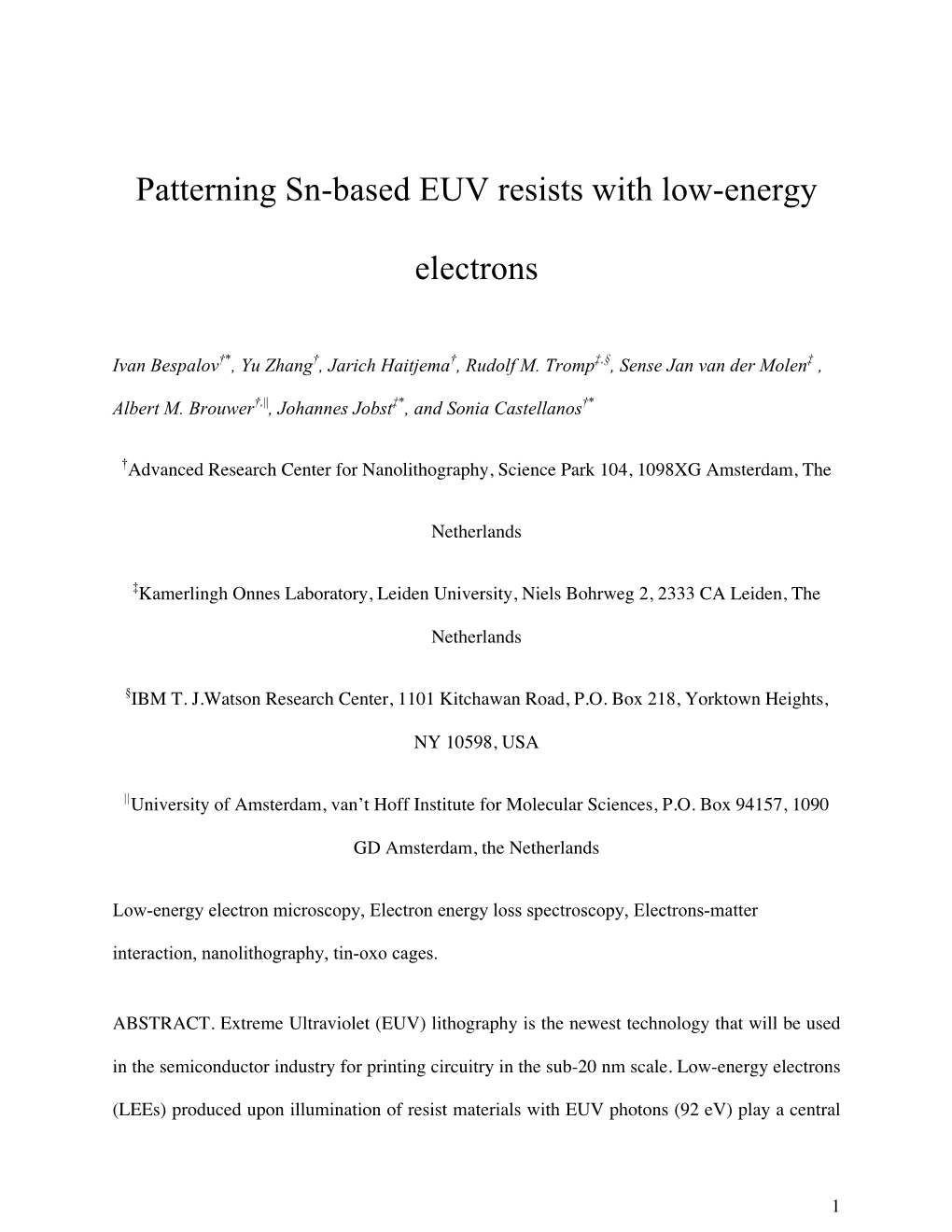 Patterning Sn-Based EUV Resists with Low-Energy Electrons