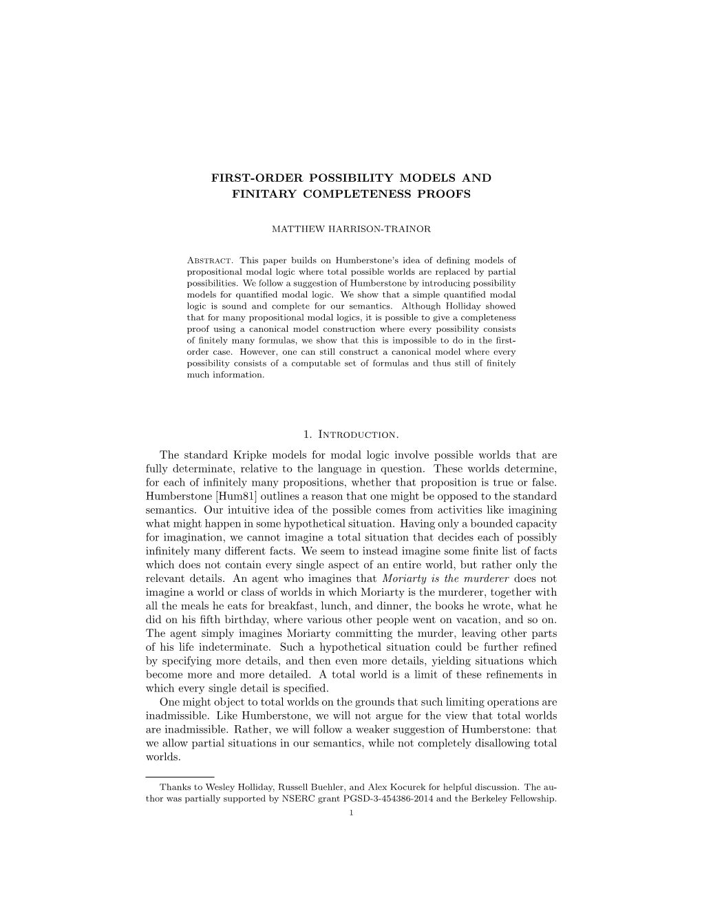 First-Order Possibility Models and Finitary Completeness Proofs