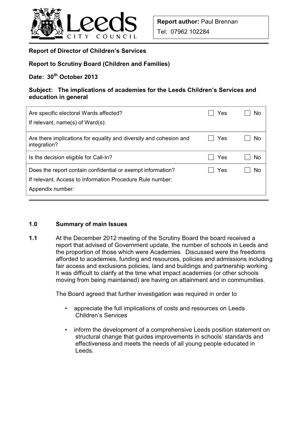 Report of Director of Children's Services Report to Scrutiny Board