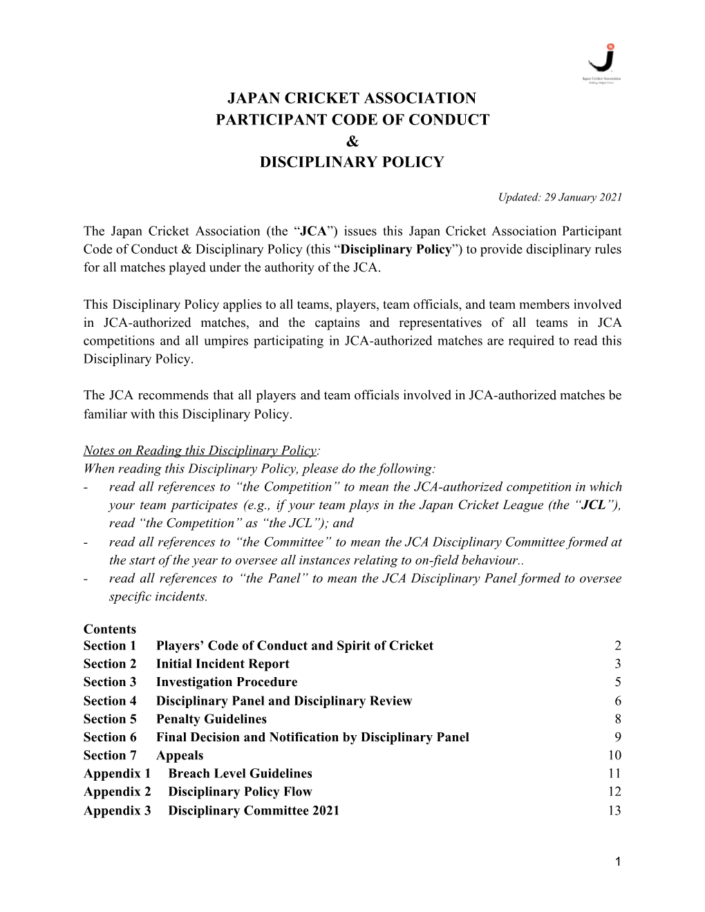 Japan Cricket Association Participant Code of Conduct & Disciplinary Policy