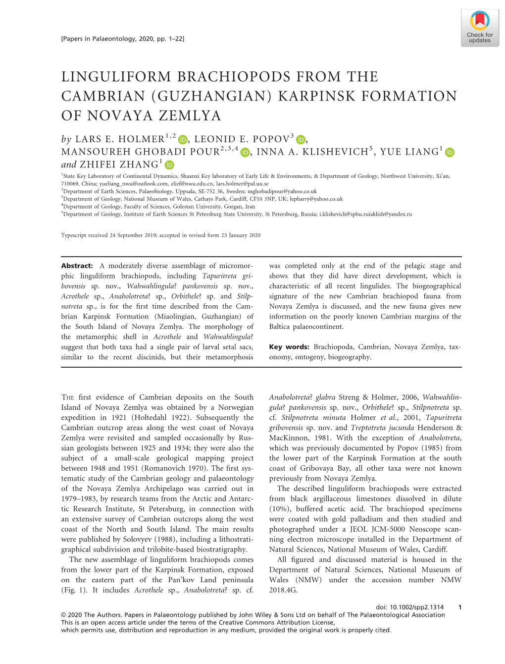 LINGULIFORM BRACHIOPODS from the CAMBRIAN (GUZHANGIAN) KARPINSK FORMATION of NOVAYA ZEMLYA by LARS E