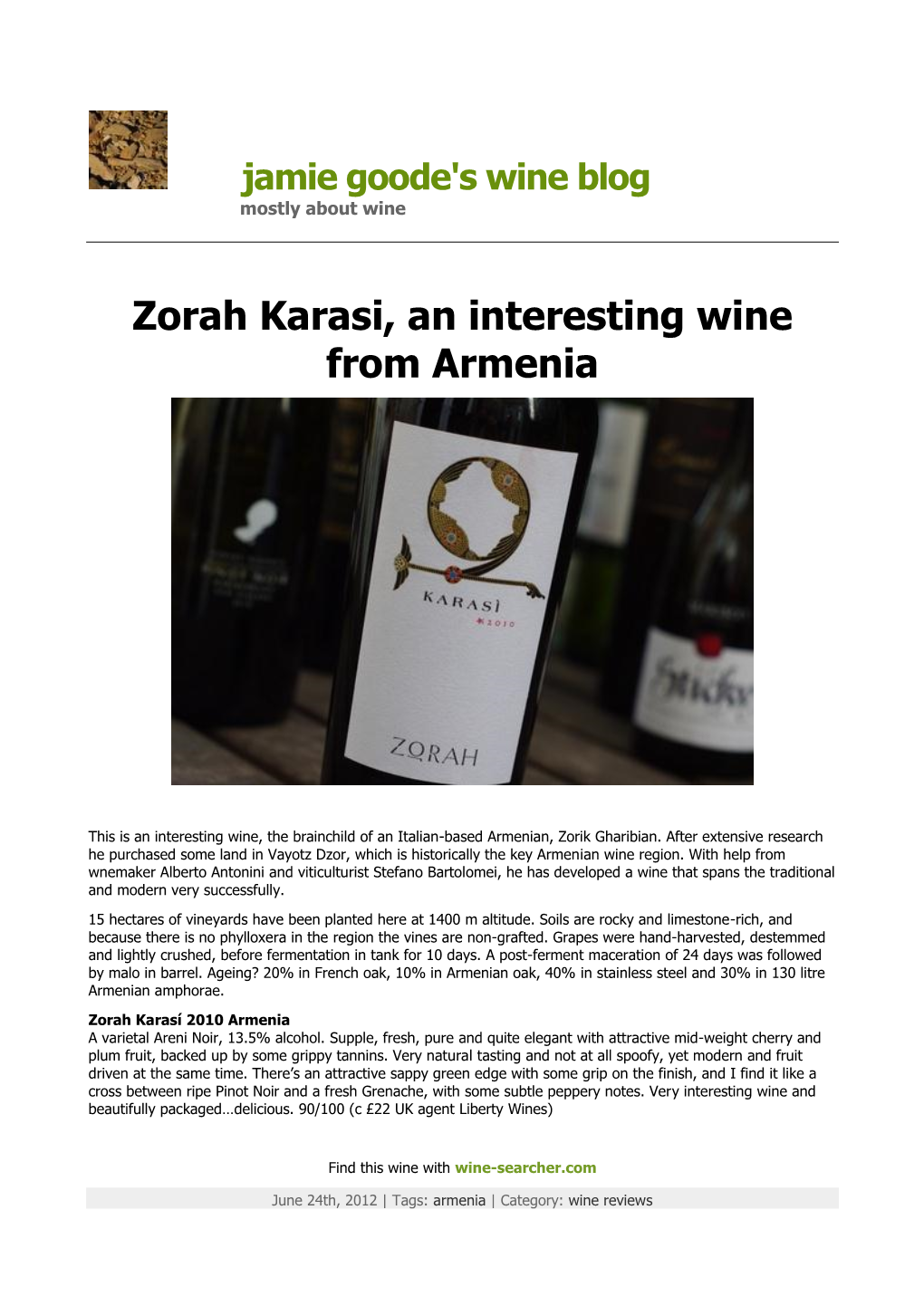 Zorah Karasi, an Interesting Wine from Armenia