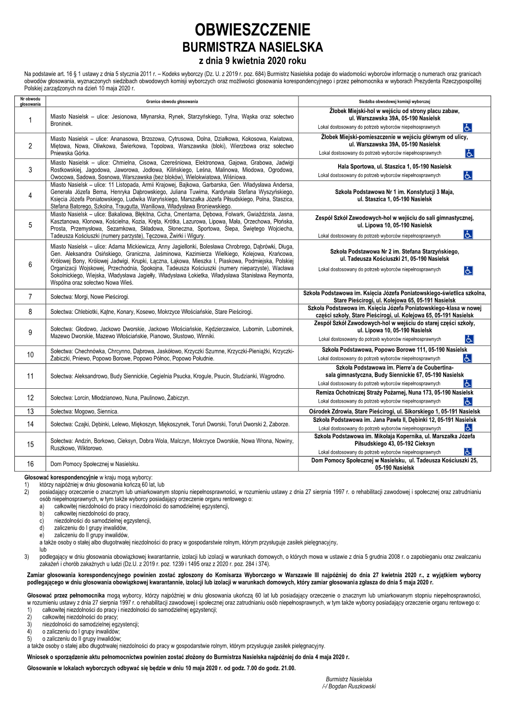 OBWIESZCZENIE BURMISTRZA NASIELSKA Z Dnia 9 Kwietnia 2020 Roku