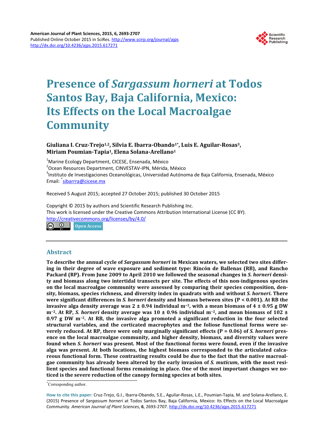 Presence of Sargassum Horneri at Todos Santos Bay, Baja California, Mexico: Its Effects on the Local Macroalgae Community