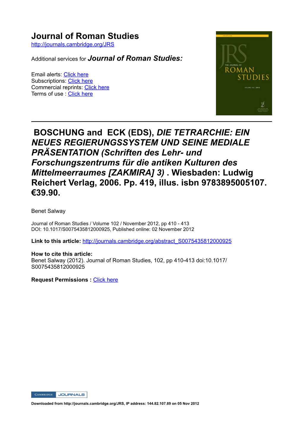 Journal of Roman Studies BOSCHUNG and ECK (EDS), DIE