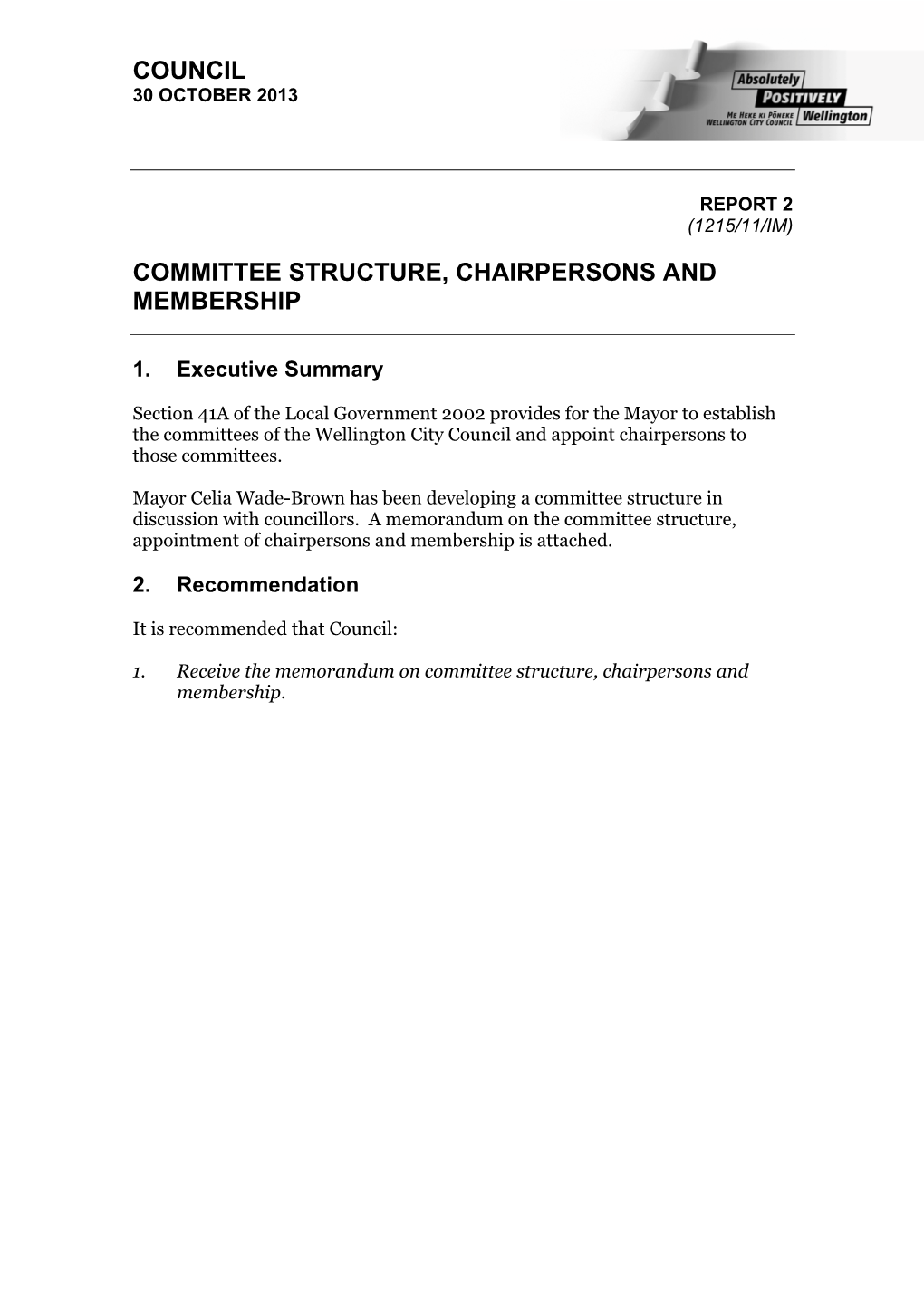 Council Committee Structure, Chairpersons And