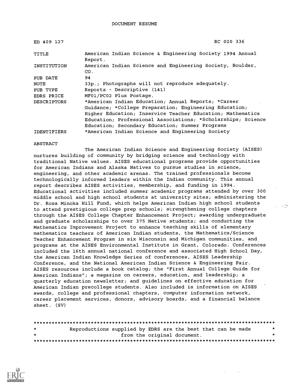 DOCUMENT RESUME American Indian Science & Engineering