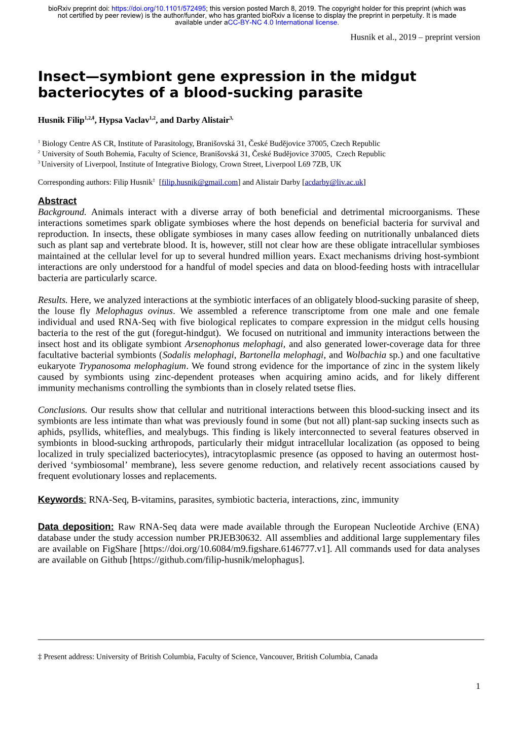 Insect—Symbiont Gene Expression in the Midgut Bacteriocytes of a Blood-Sucking Parasite