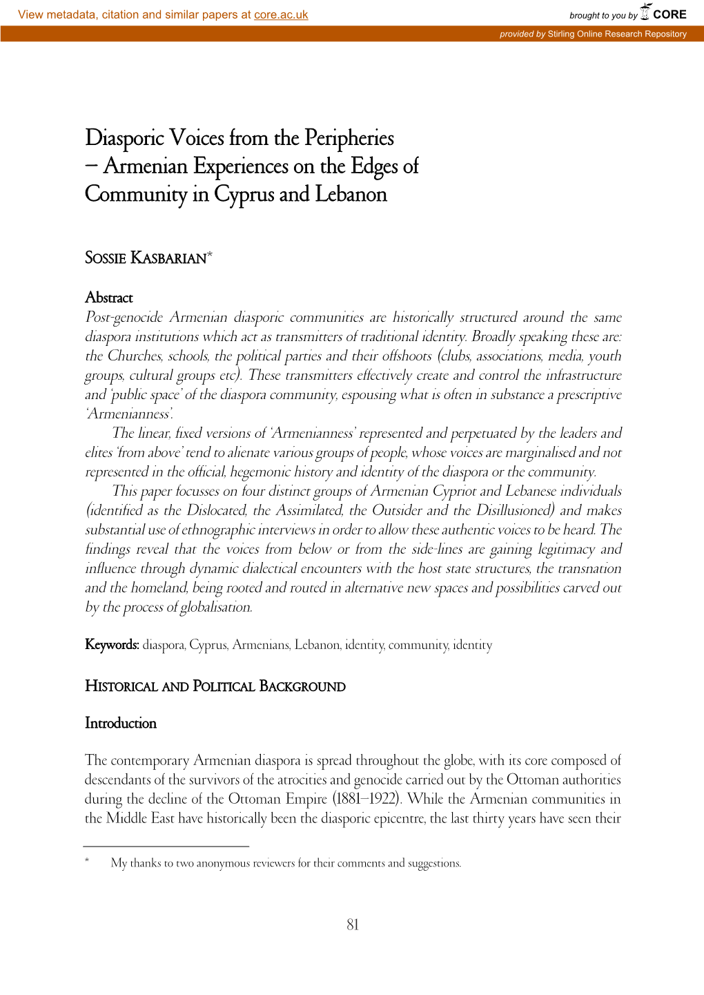 Diasporic Voices from the Peripheries – Armenian Experiences on the Edges of Community in Cyprus and Lebanon