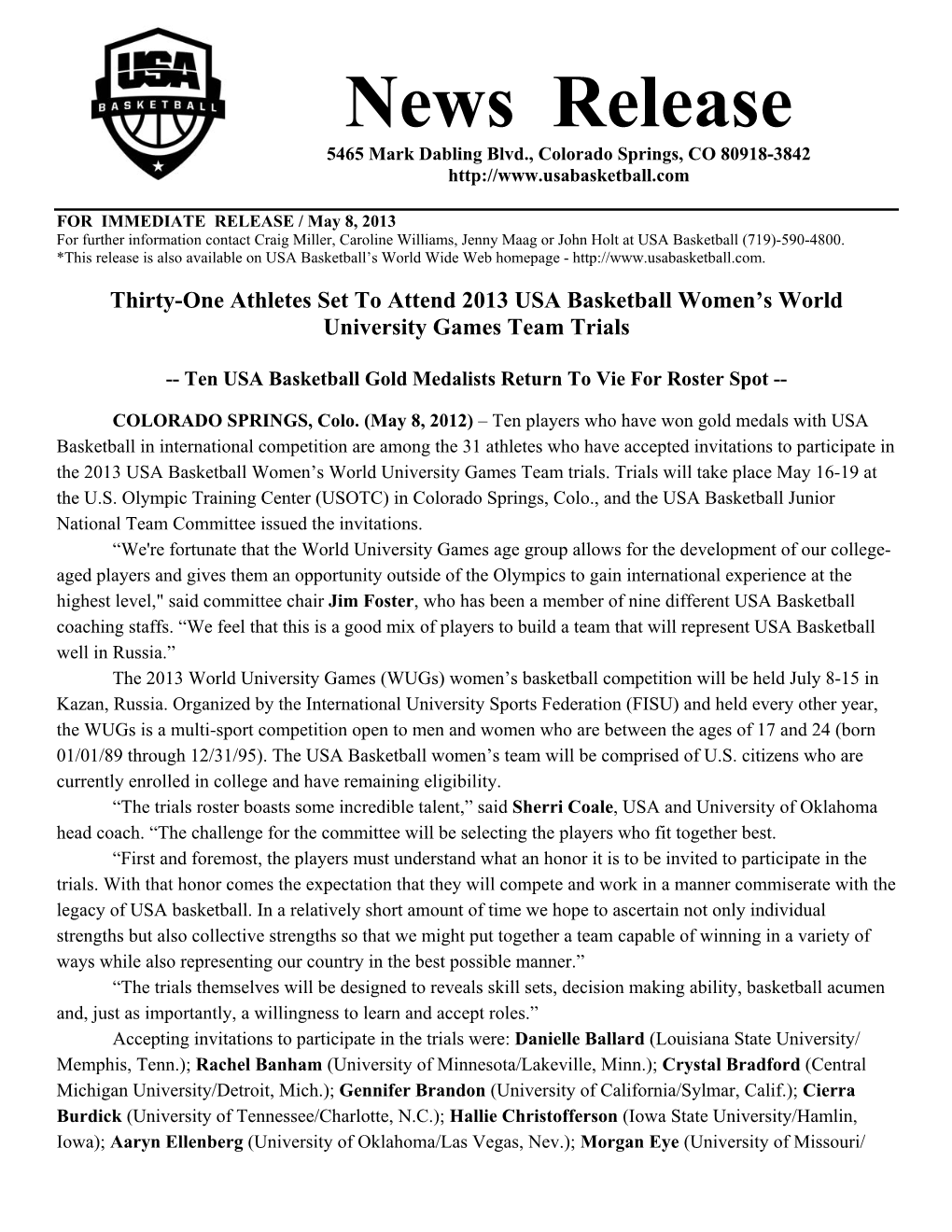 2013 USA Basketball Women's World University Games Team Trials Roster