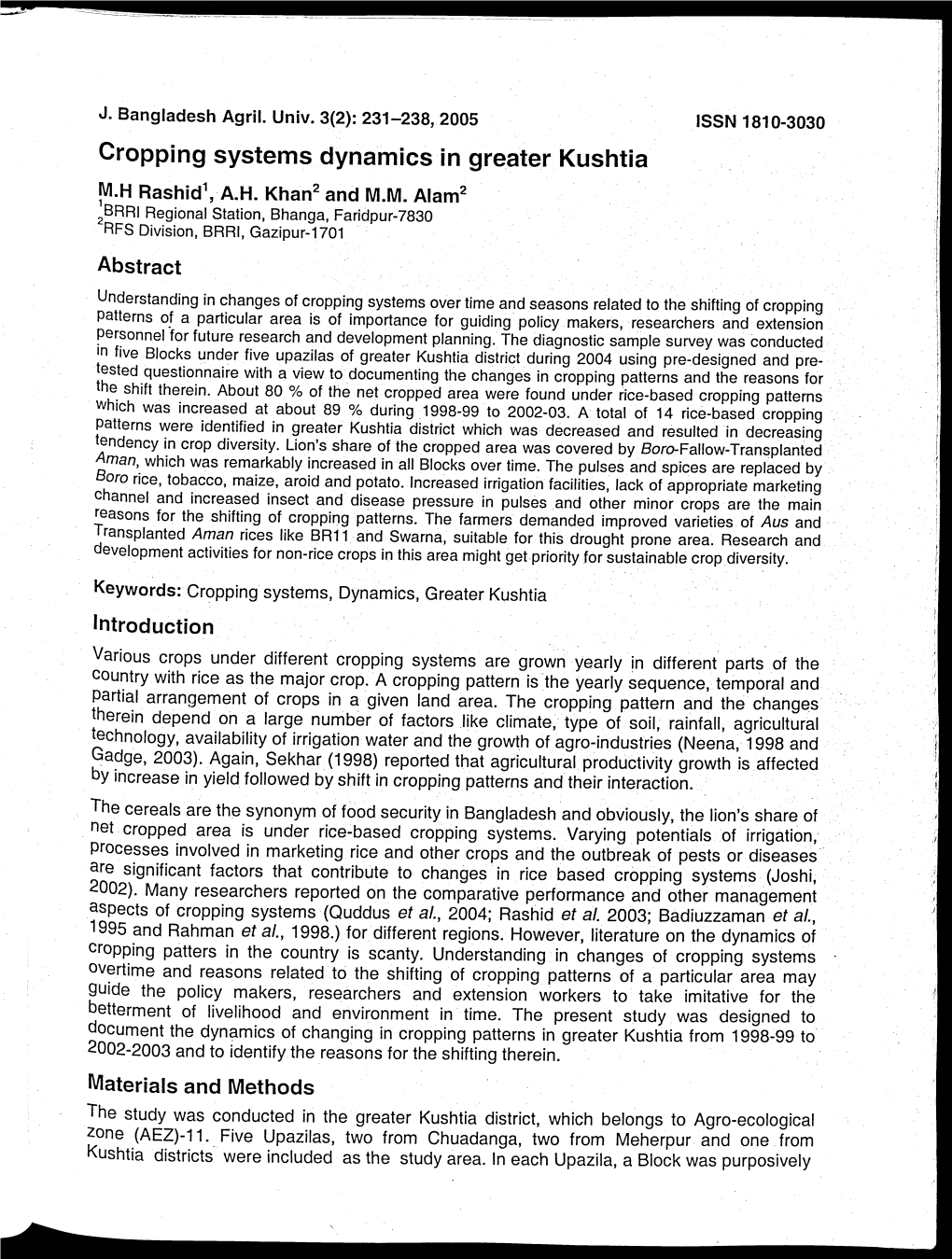 Cropping Systems Dynamics in Greater Kushtia M.H Rashid', A.H