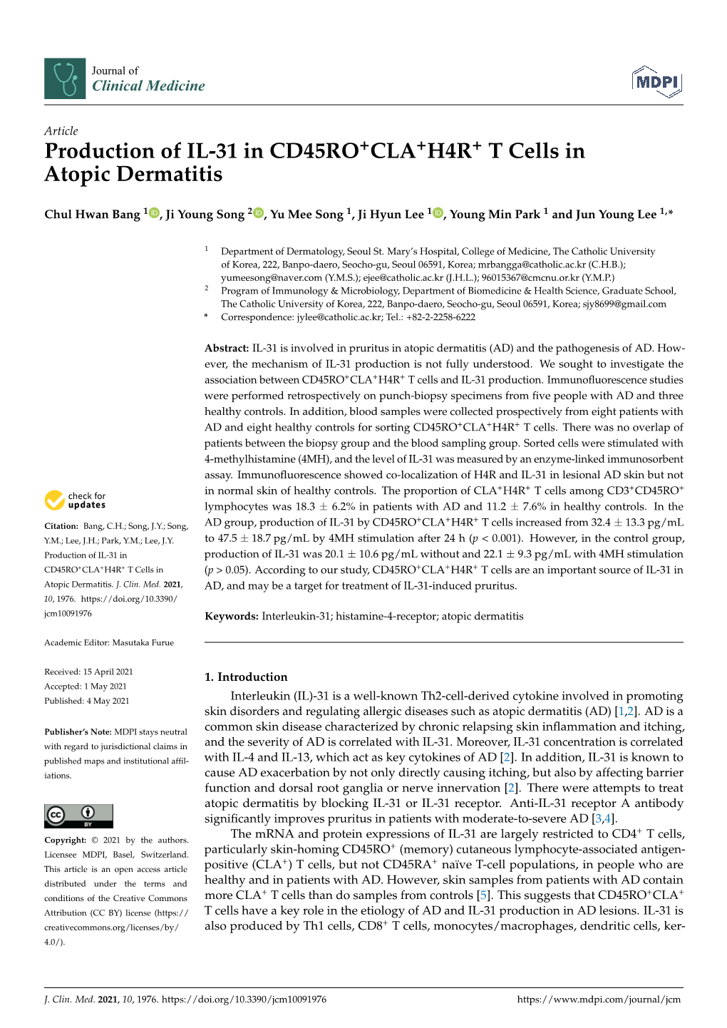 Production of IL-31 in CD45RO+CLA+H4R+ T Cells in Atopic Dermatitis