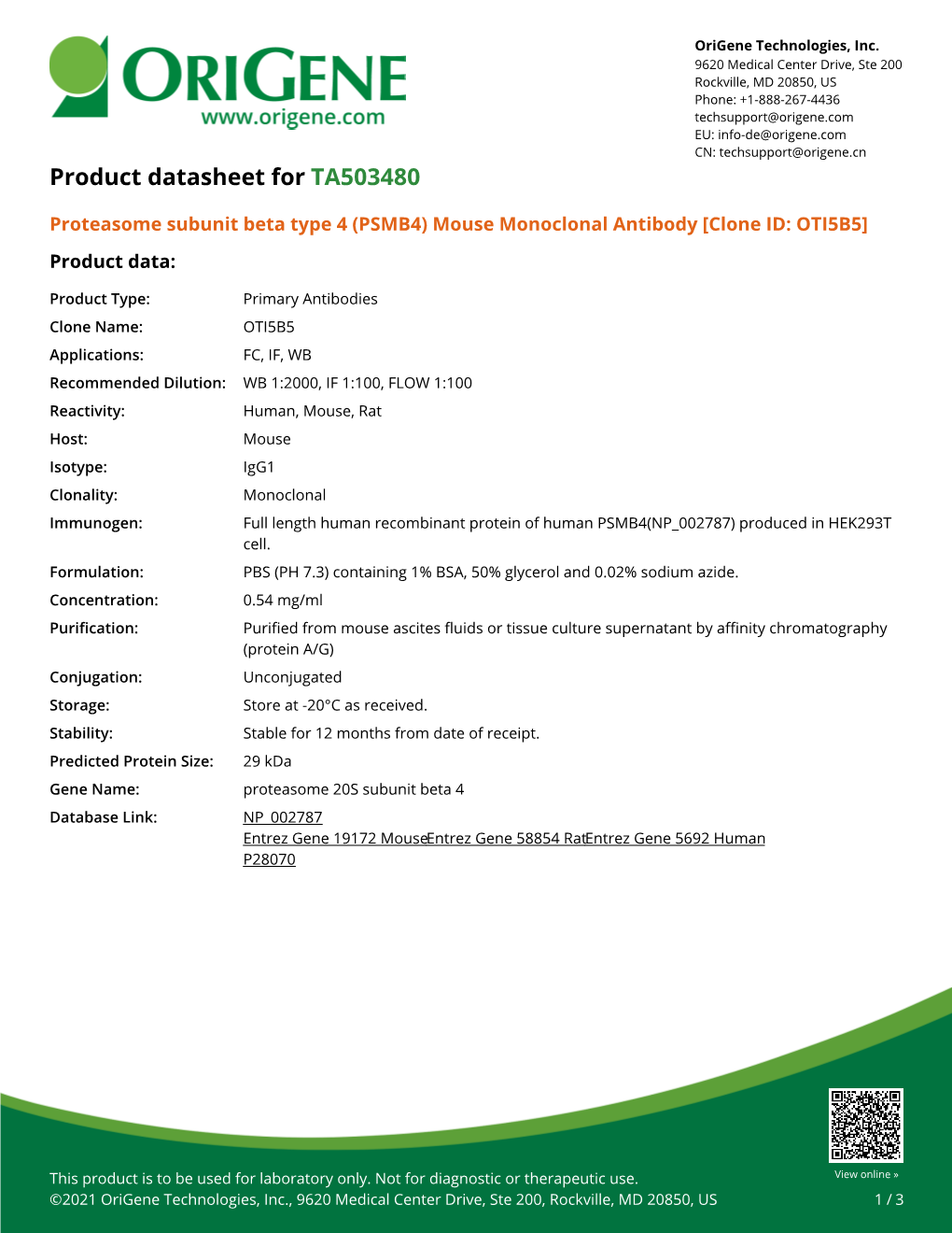 Proteasome Subunit Beta Type 4 (PSMB4) Mouse Monoclonal Antibody [Clone ID: OTI5B5] Product Data