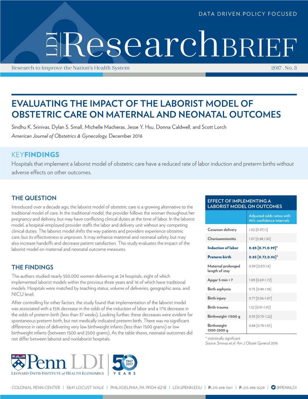 EVALUATING the IMPACT of the LABORIST MODEL of OBSTETRIC CARE on MATERNAL and NEONATAL OUTCOMES Sindhu K