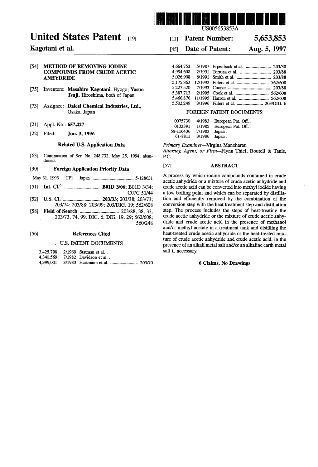 United States Patent (19) 11 Patent Number: 5,653,853 Kagotani Et Al