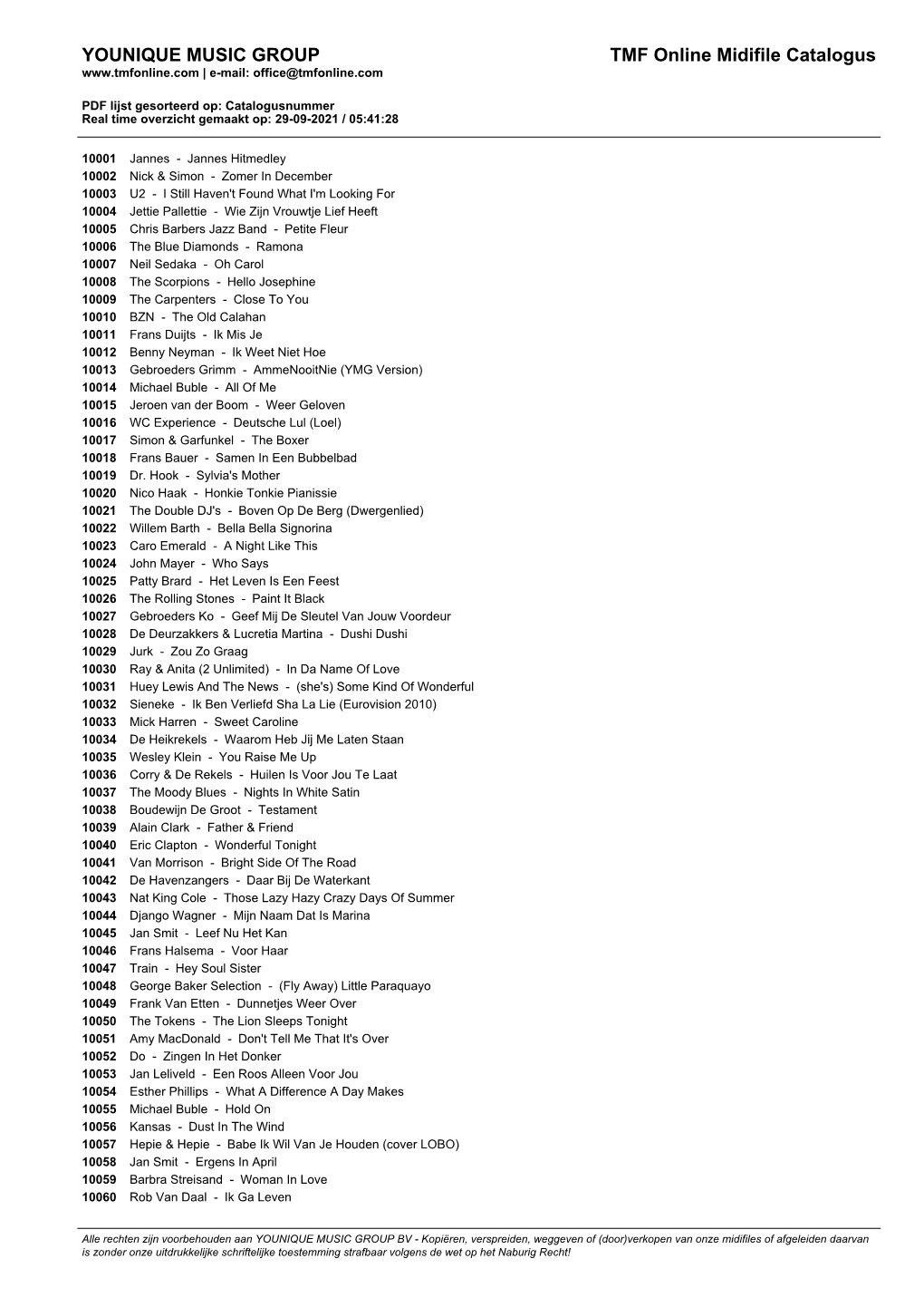 YMG/TMF Online MIDI Catalogue Sorted on Songtitle