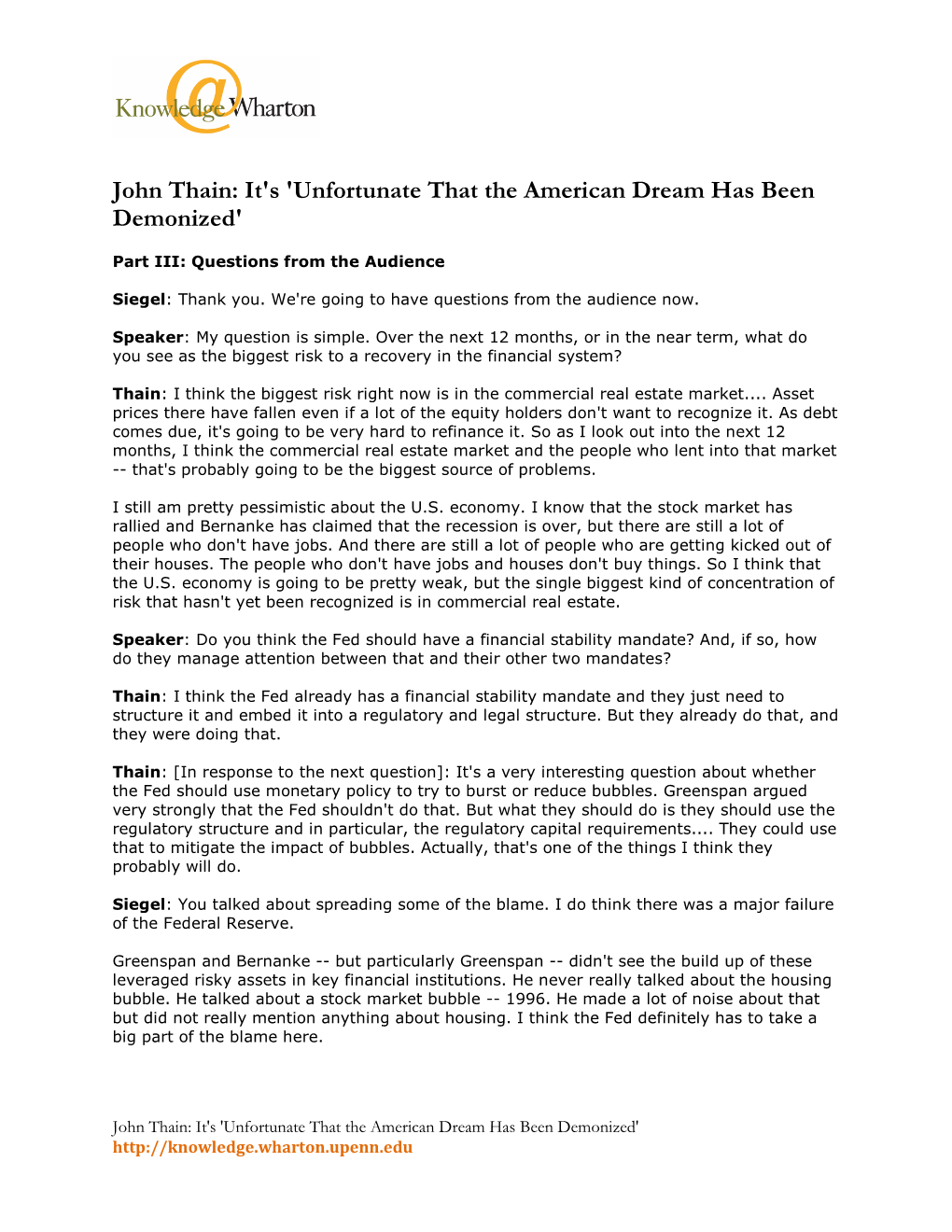 John Thain: It's 'Unfortunate That the American Dream Has Been Demonized'