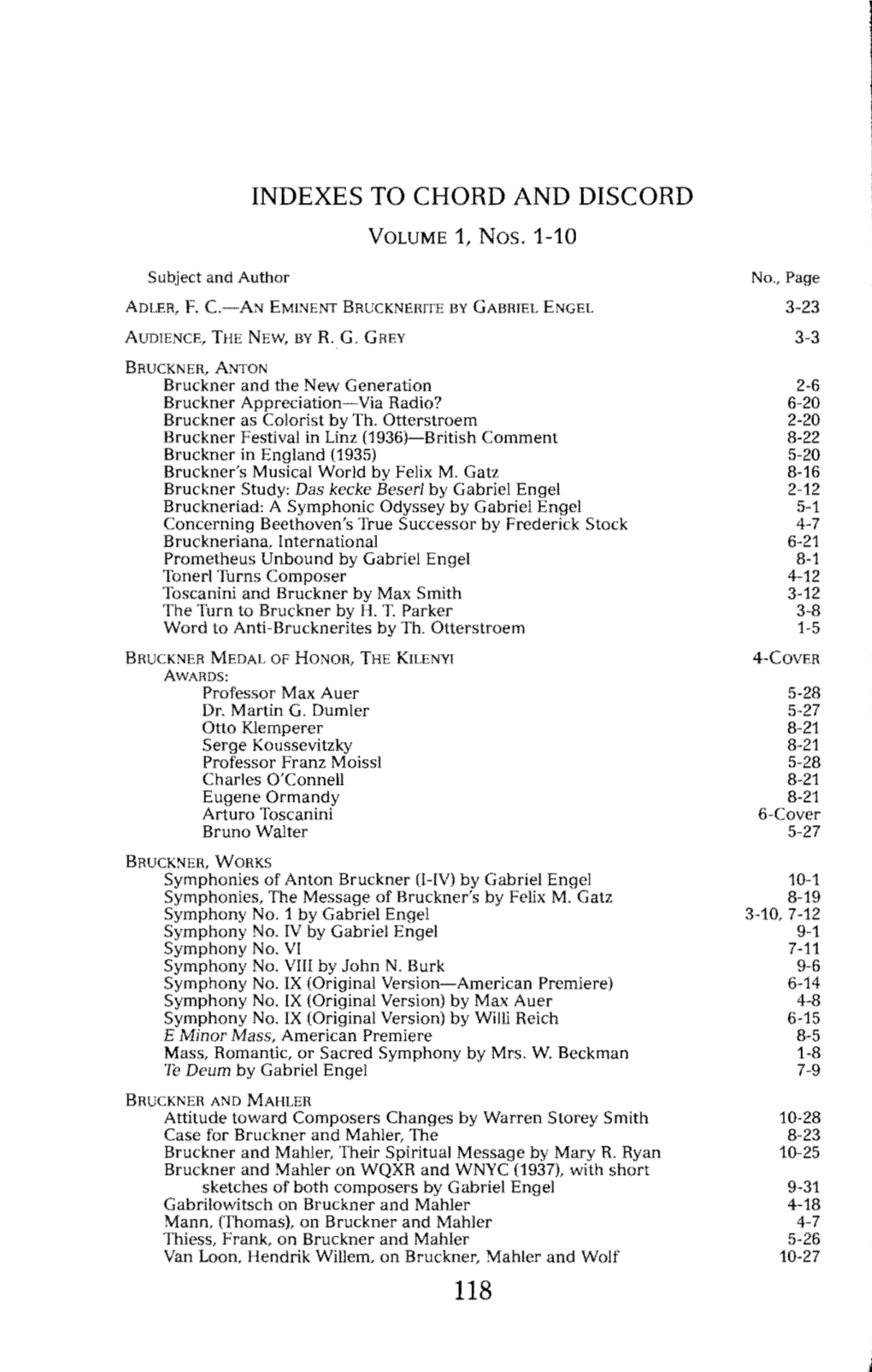 INDEXES to CHORD and DISCORD VOLUME 1, Nos. 1-10