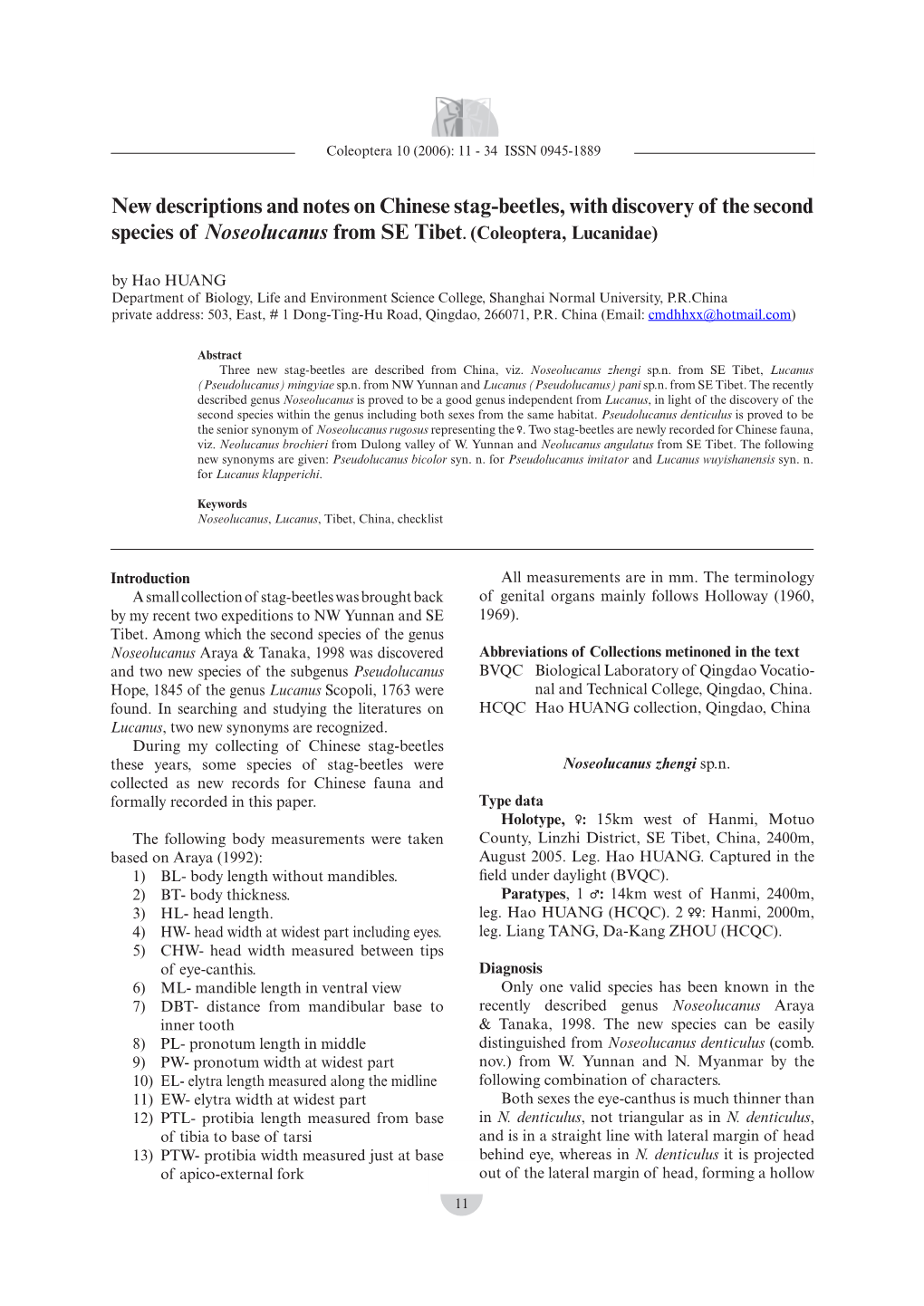 New Descriptions and Notes on Chinese Stag-Beetles, with Discovery of the Second Species of Noseolucanus from SE Tibet