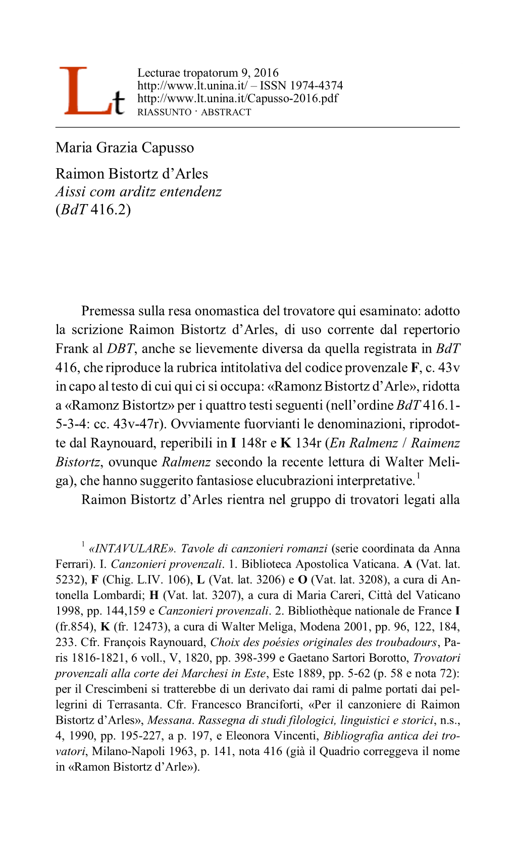 Maria Grazia Capusso Raimon Bistortz D’Arles Aissi Com Arditz Entendenz (Bdt 416.2)