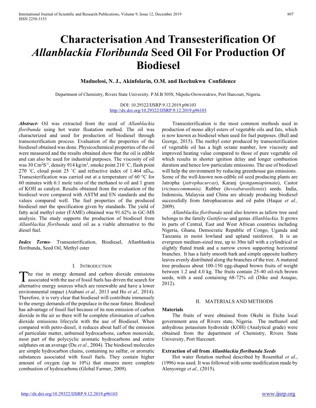 Characterisation and Transesterification of Allanblackia Floribunda Seed Oil for Production of Biodiesel