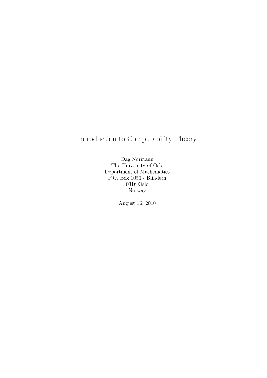 Introduction to Computability Theory