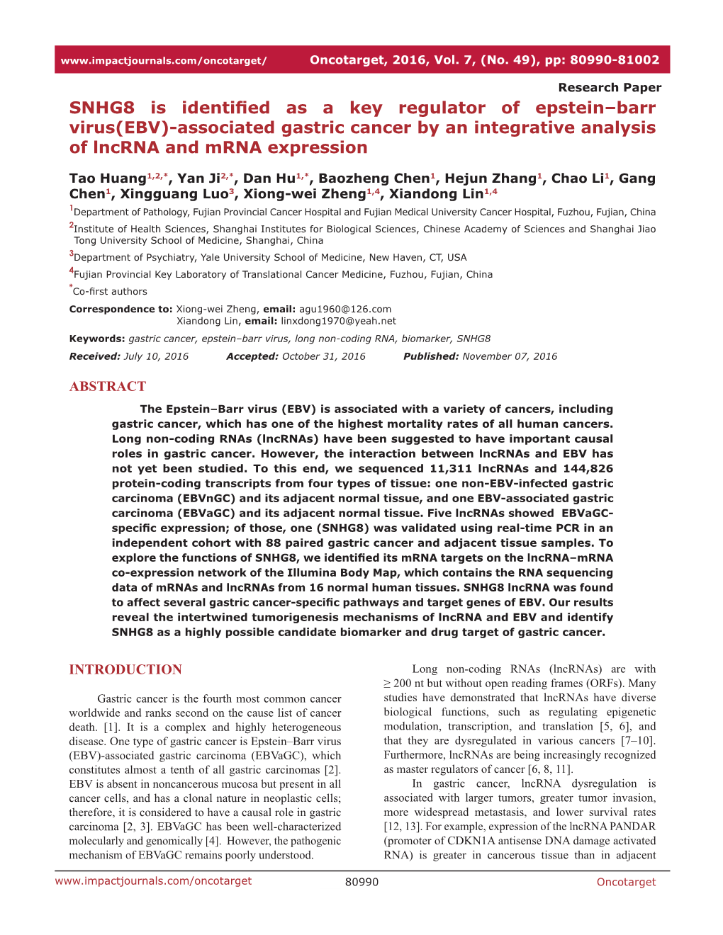 SNHG8 Is Identified As a Key Regulator of Epstein–Barr Virus(EBV)-Associated Gastric Cancer by an Integrative Analysis of Lncrna and Mrna Expression