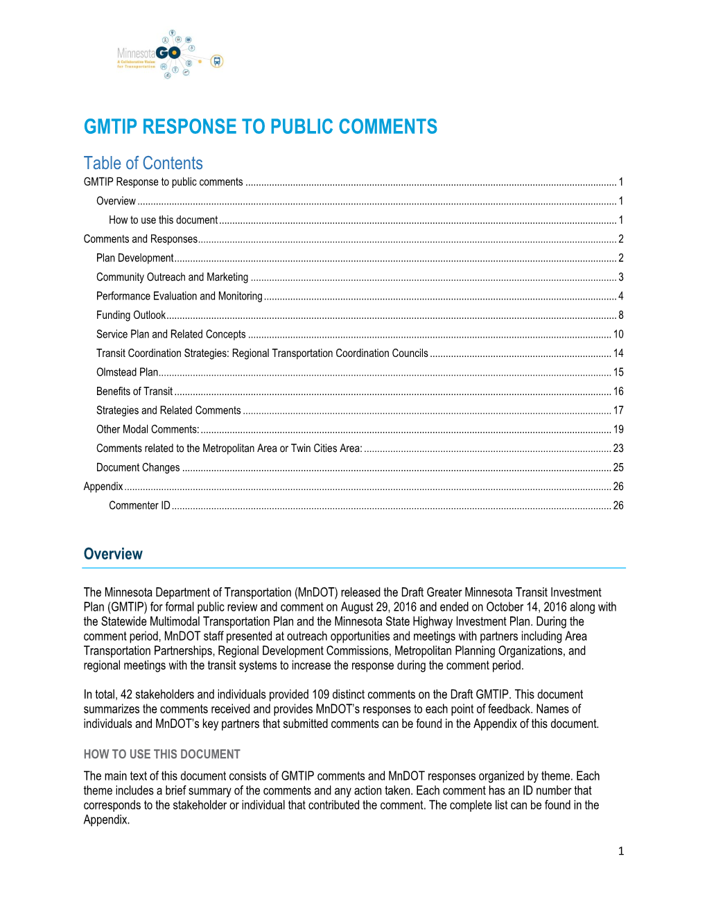 GMTIP RESPONSE to PUBLIC COMMENTS Table of Contents GMTIP Response to Public Comments
