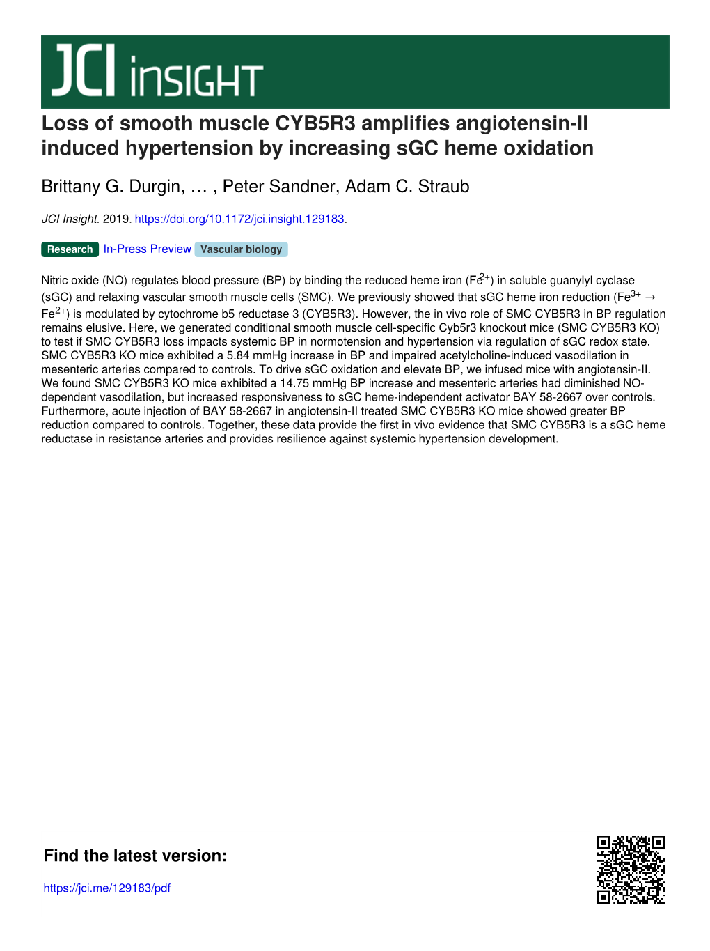 Loss of Smooth Muscle CYB5R3 Amplifies Angiotensin-II Induced Hypertension by Increasing Sgc Heme Oxidation