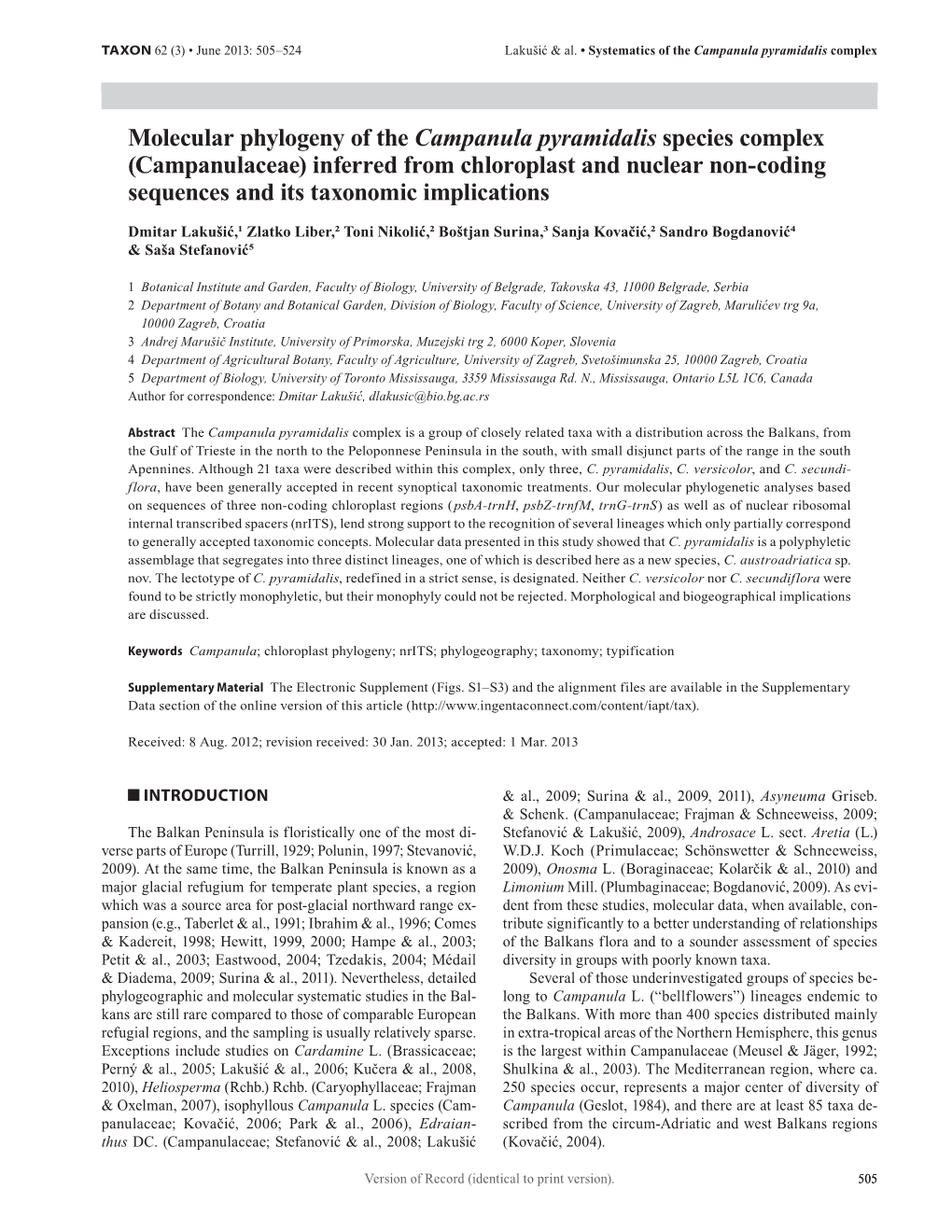 Molecular Phylogeny of the Campanula Pyramidalis Species