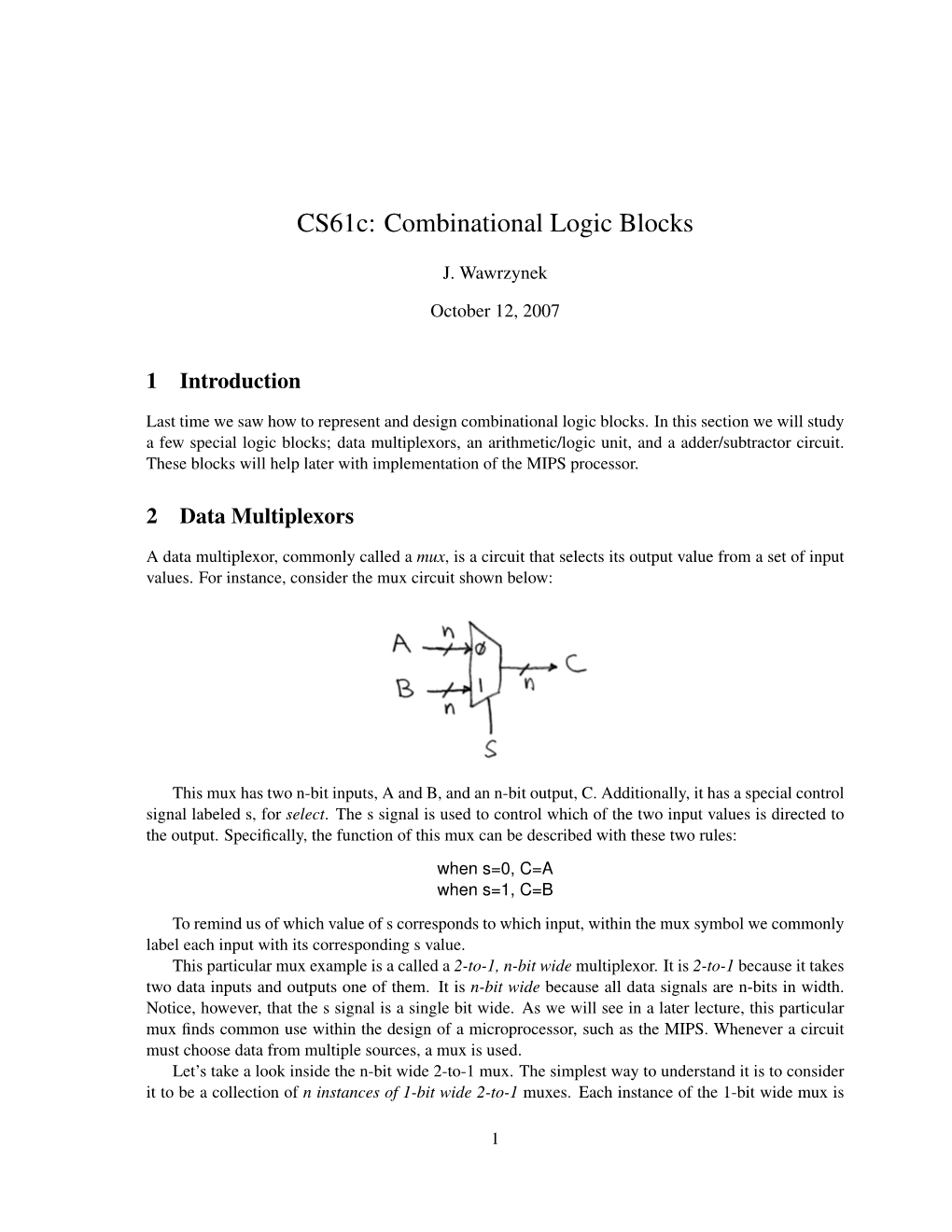 Cs61c: Combinational Logic Blocks