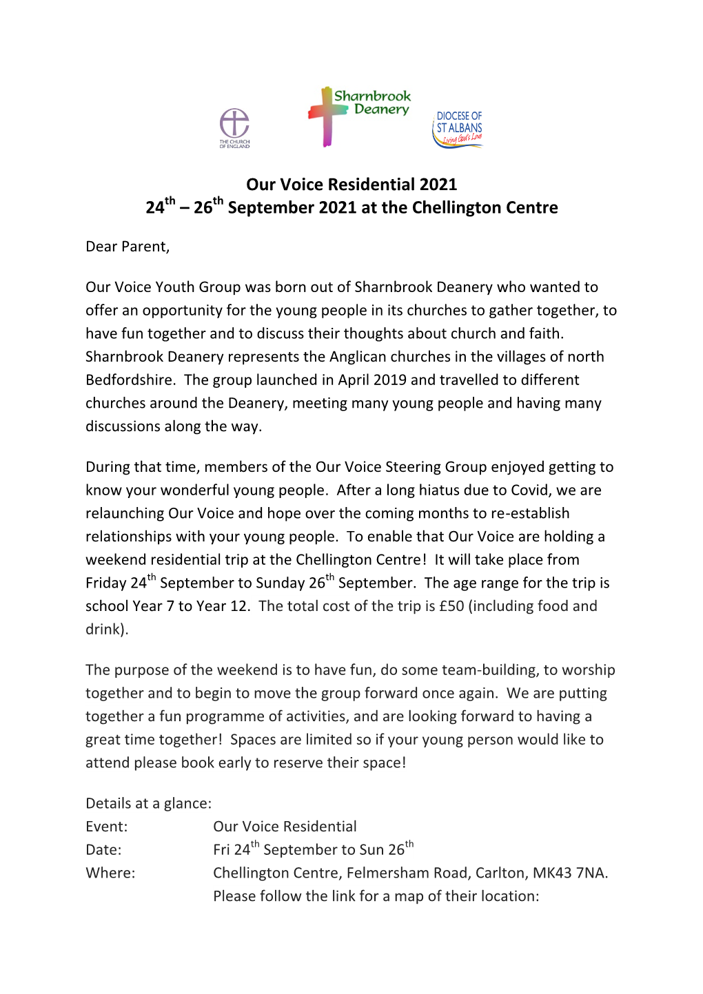 Our Voice Residential 2021 24Th – 26Th September 2021 at the Chellington Centre