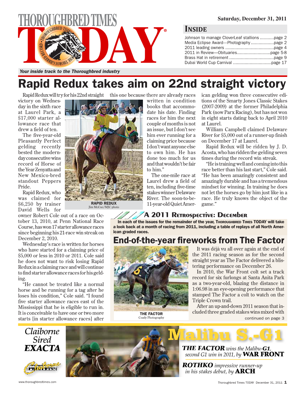 THOROUGHBRED TIMES Saturday, December 31, 2011 ® INSIDE Johnson to Manage Cloverleaf Stallions