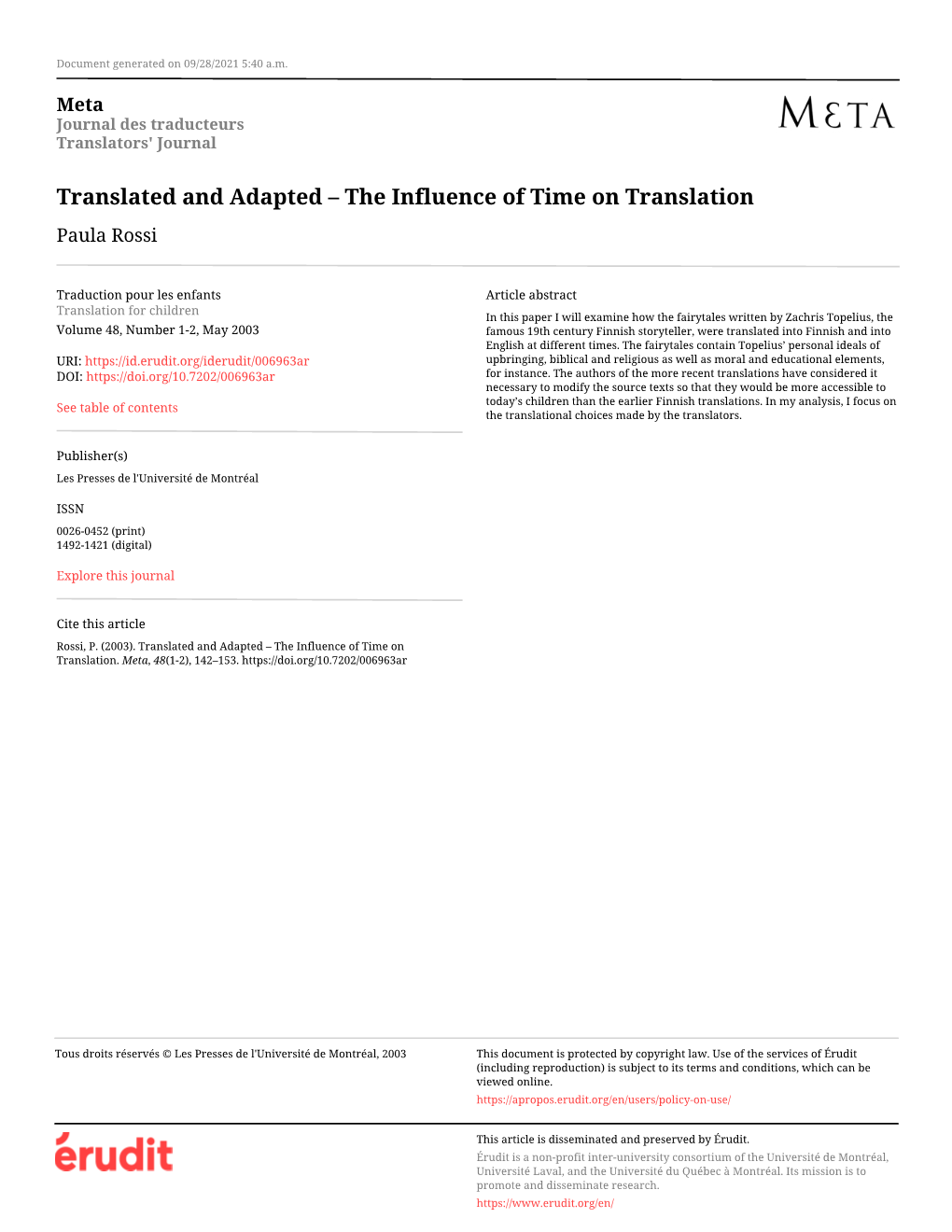 The Influence of Time on Translation Paula Rossi