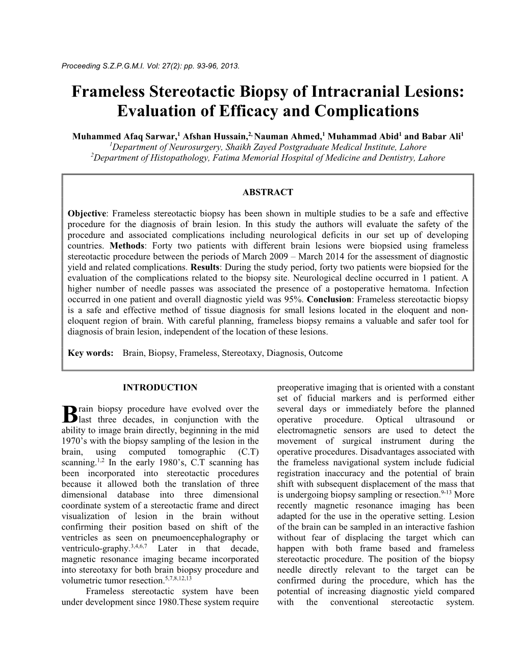 Frameless Stereotactic Biopsy of Intracranial Lesions: Evaluation of Efficacy and Complications