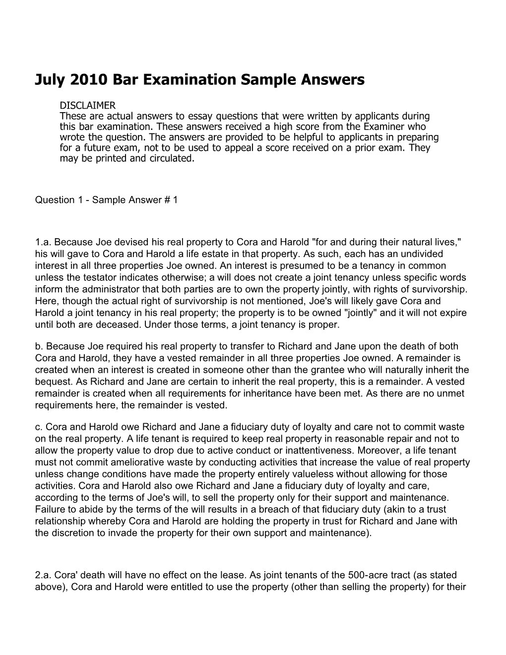 July 2010 Bar Examination Sample Answers