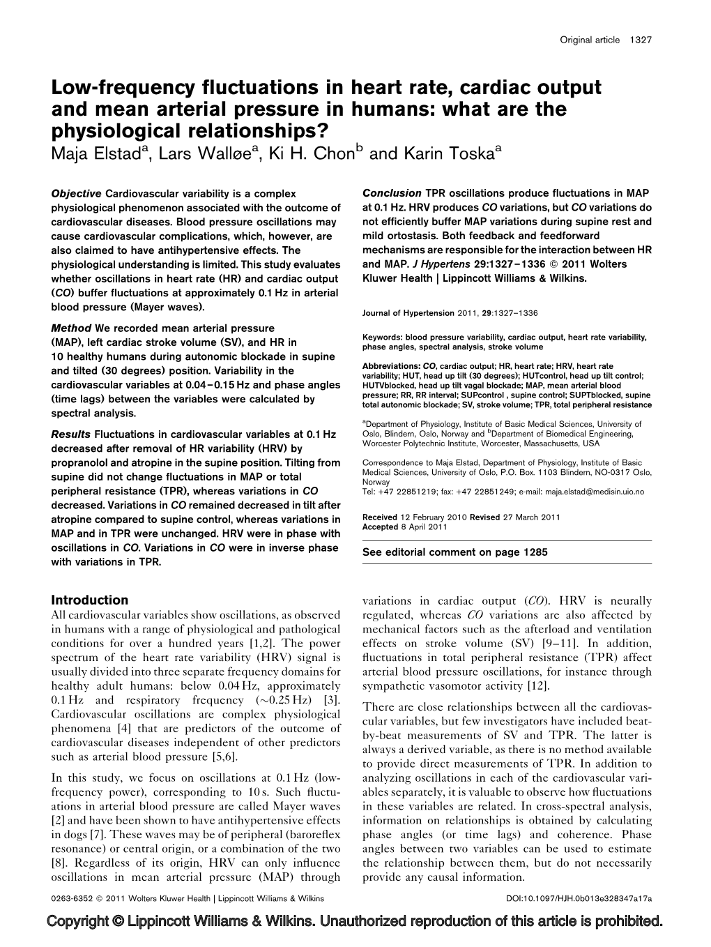 Low-Frequency Fluctuations in Heart Rate, Cardiac Output and Mean Arterial Pressure in Humans: What Are the Physiological Relati