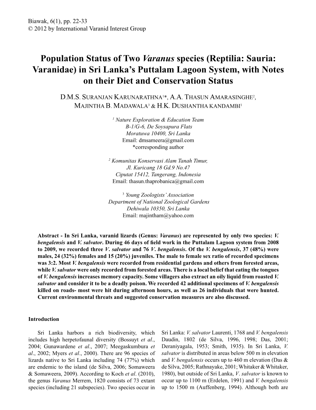 Population Status of Two Varanus Species (Reptilia: Sauria: Varanidae) in Sri Lanka’S Puttalam Lagoon System, with Notes on Their Diet and Conservation Status