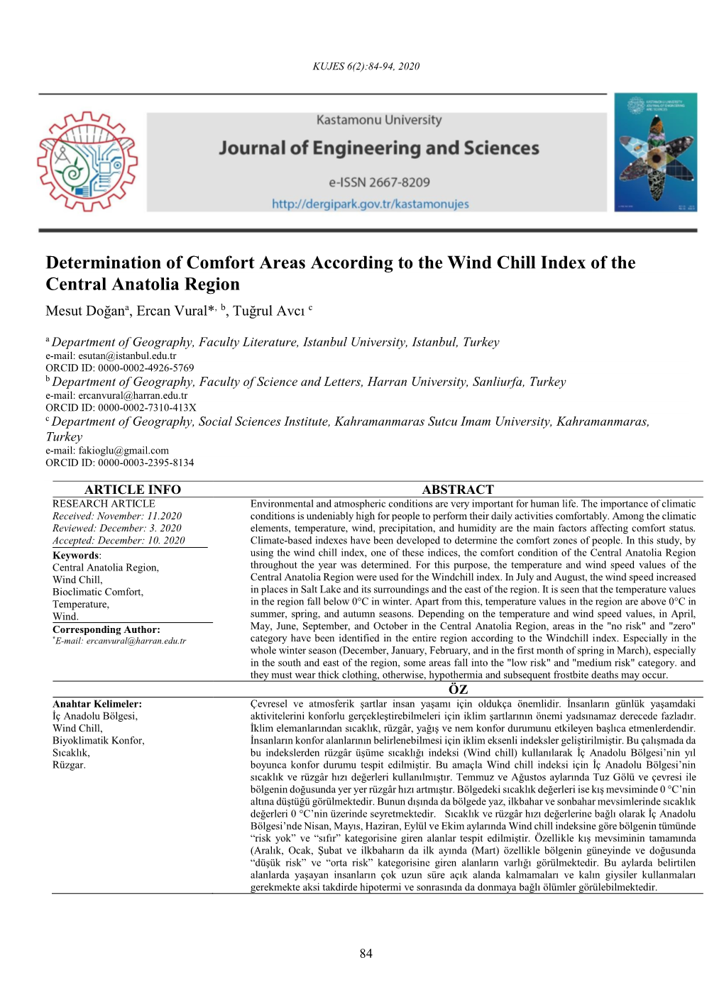 Determination of Comfort Areas According to the Wind Chill Index Of