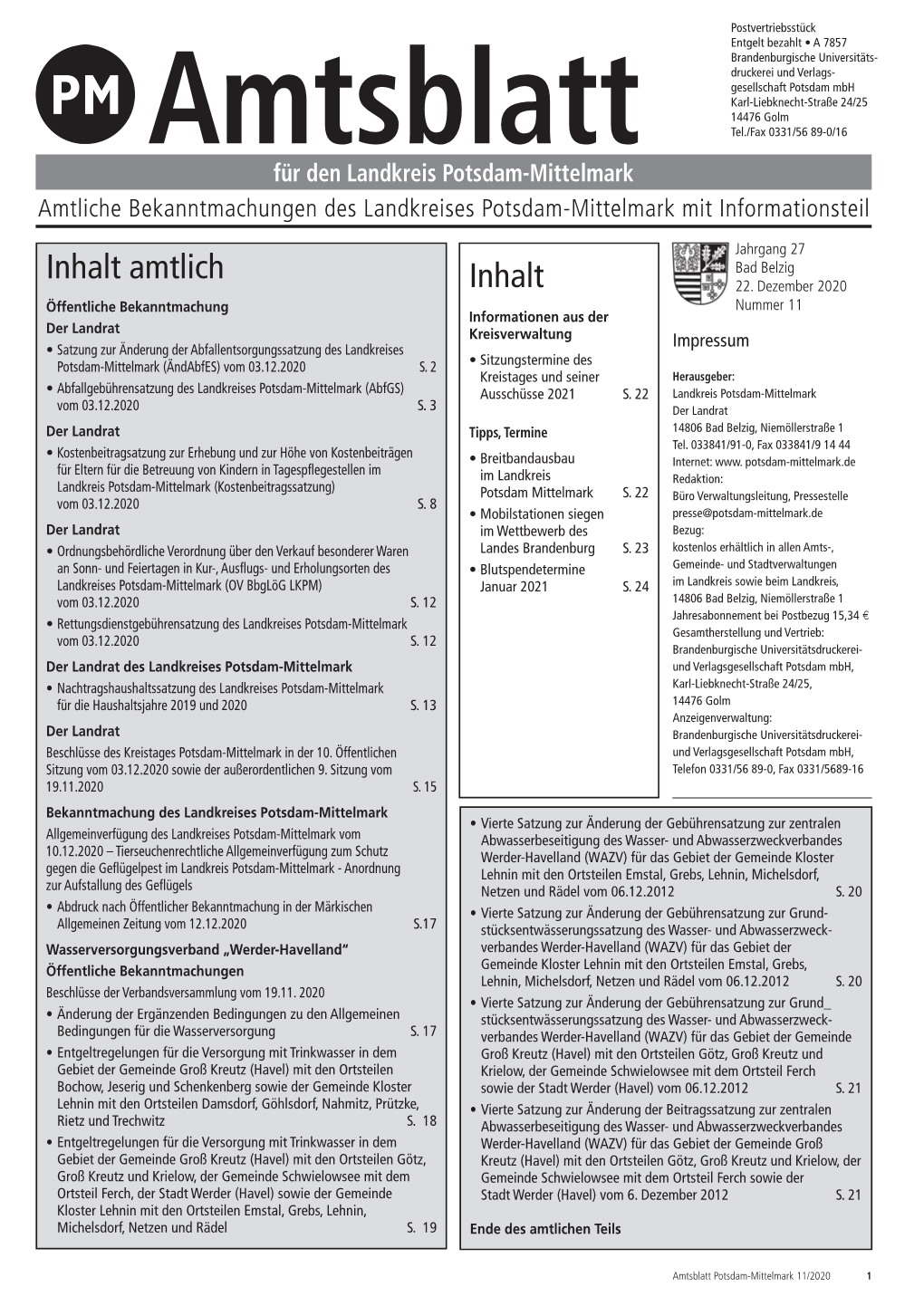 Amtsblatt Für Den Landkreis Potsdam-Mittelmark, Lich, Der an Den Wertstoffhöfen Des Landkreises Ausgegeben Wird.“ Öffentlich Bekannt Gemacht