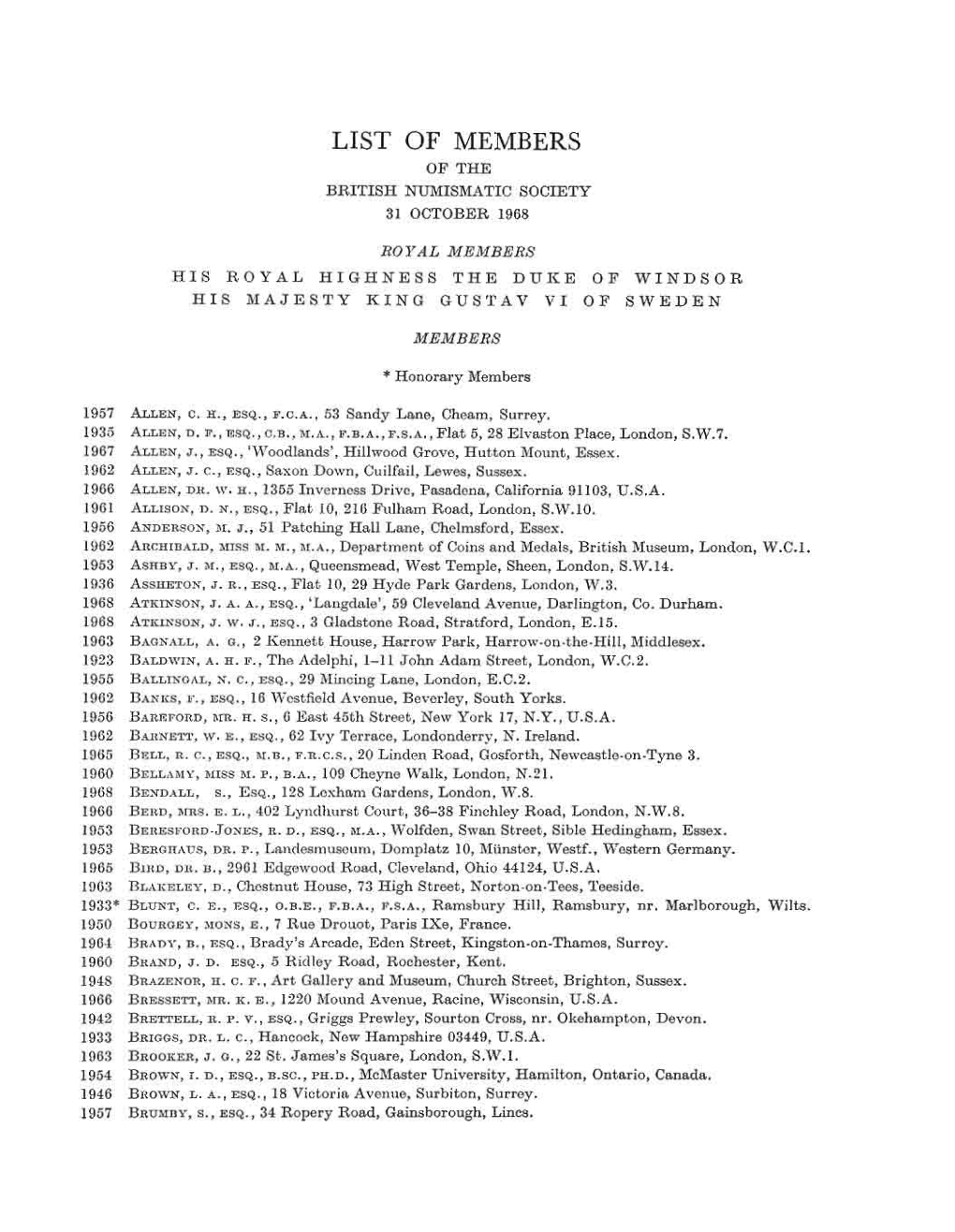 List of Members of the British Numismatic Society 31 October 1968