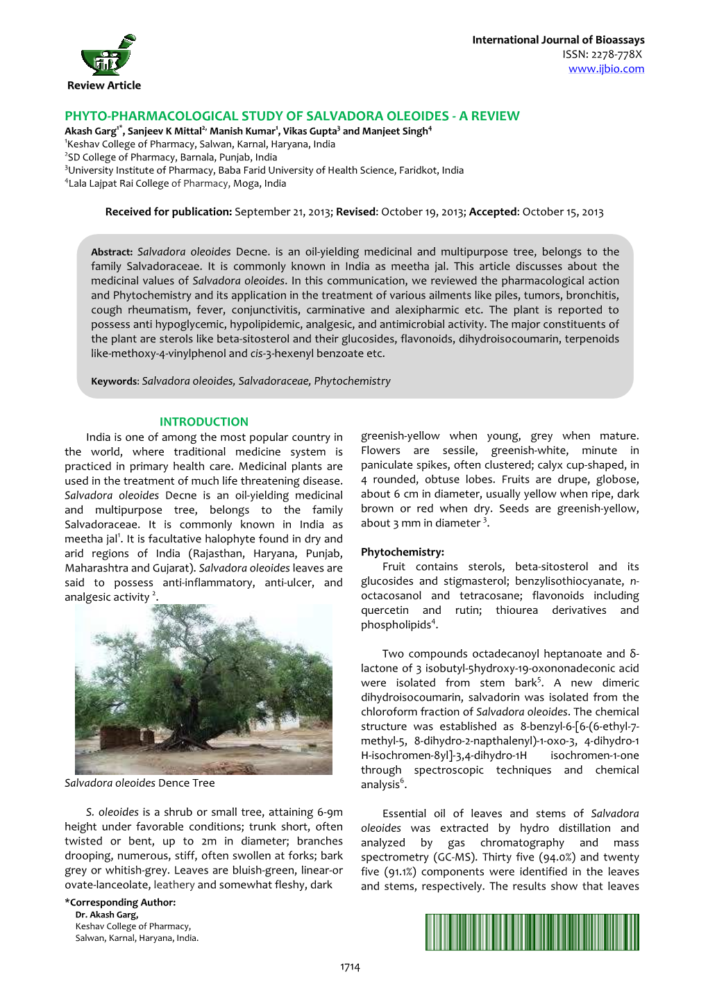 Phyto-Pharmacological Study of Salvadora Oleoides
